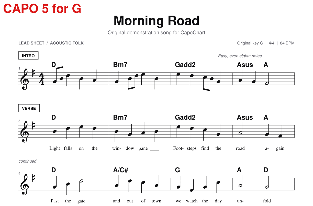 Morning Road, page 1 excerpt. CAPO 5. Chord symbols rewritten as D shapes, still sounding in G; staff notation, lyrics, and layout preserved.
